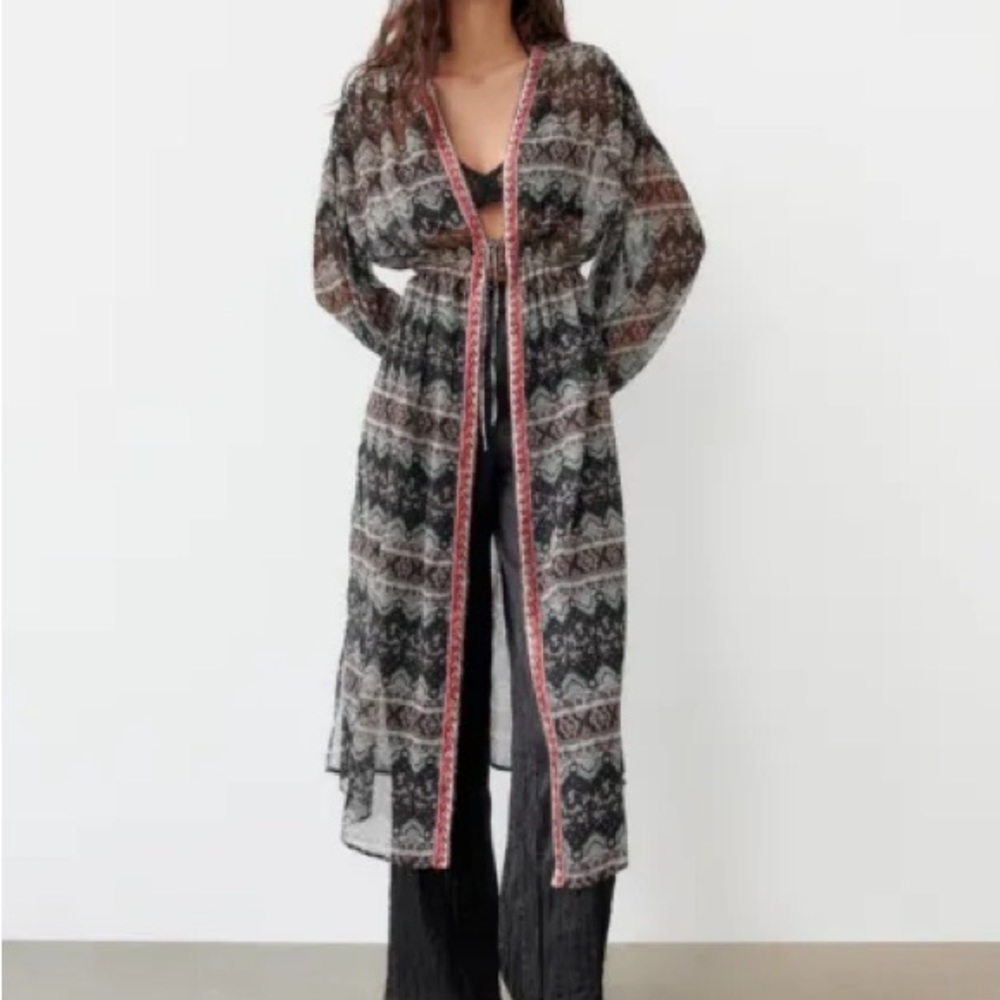 Zara Sheer Tie Front Kimono Long Balloon Sleeve Midi Length Embroidered Ikat